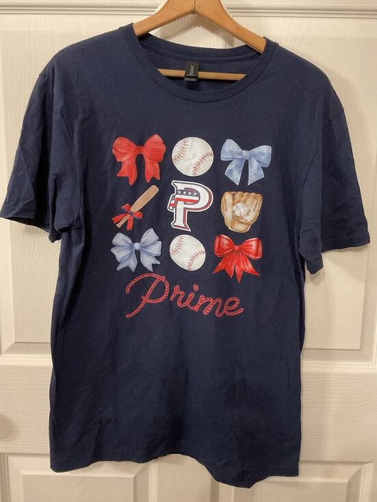 Gildan Tops - USA Prime Baseball Mom Bows Graphic TShirt Women's Navy Gildan Travel Ball, sz M